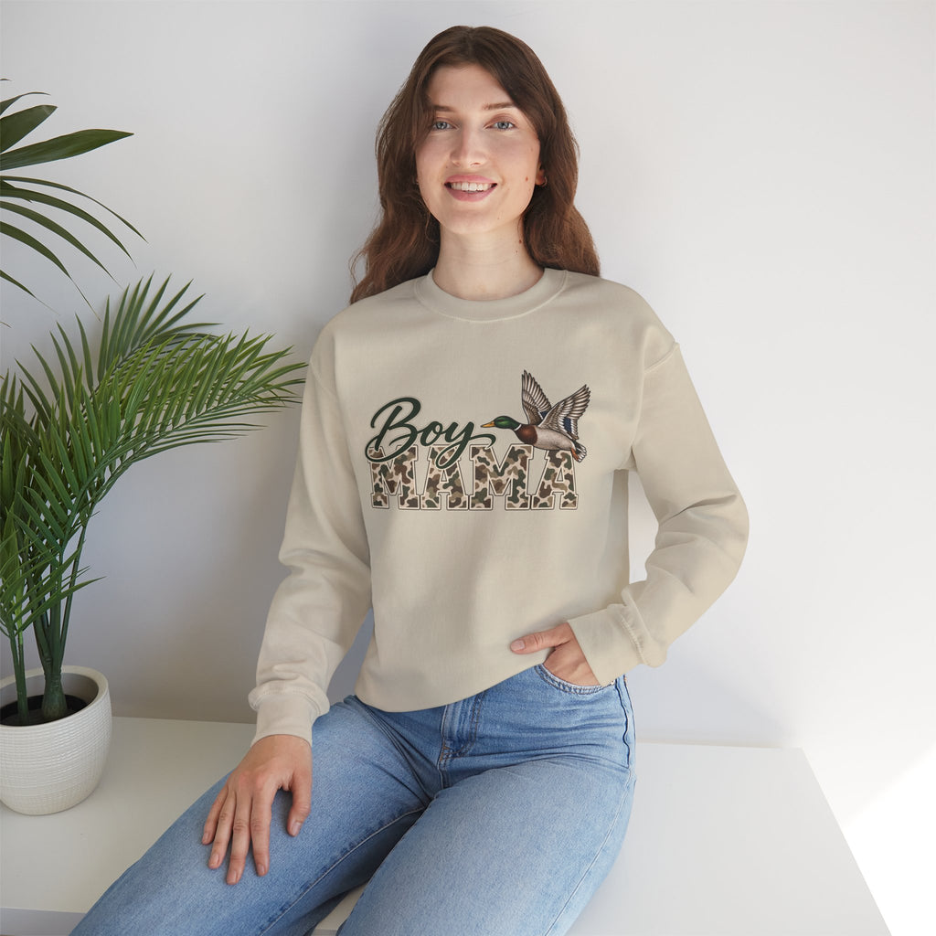 Boy Mama Crewneck Sweatshirt — Camo Lettering with Flying Duck