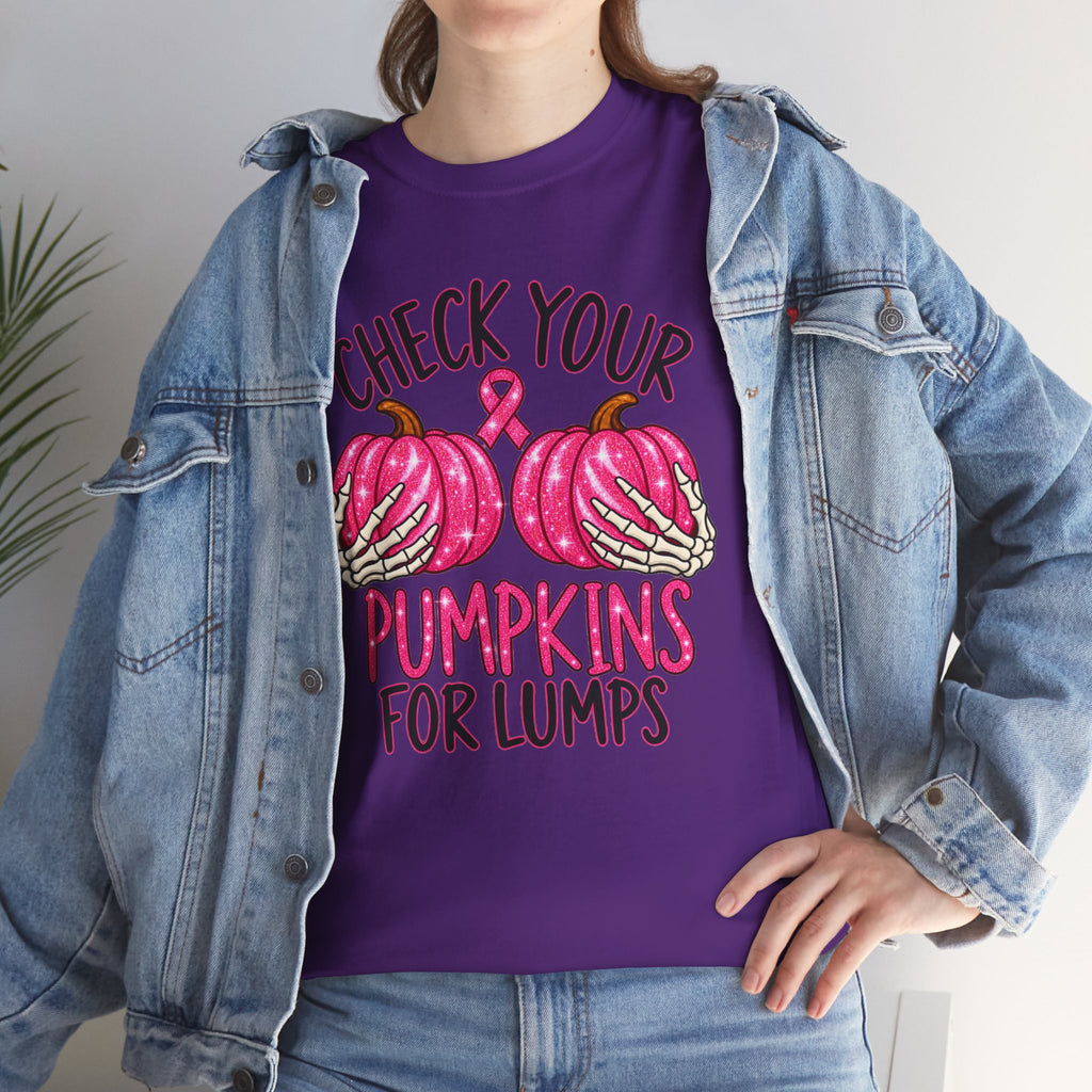 Breast Cancer Awareness T-Shirt — "Check Your Pumpkins for Lumps" Pink Ribbon Tee