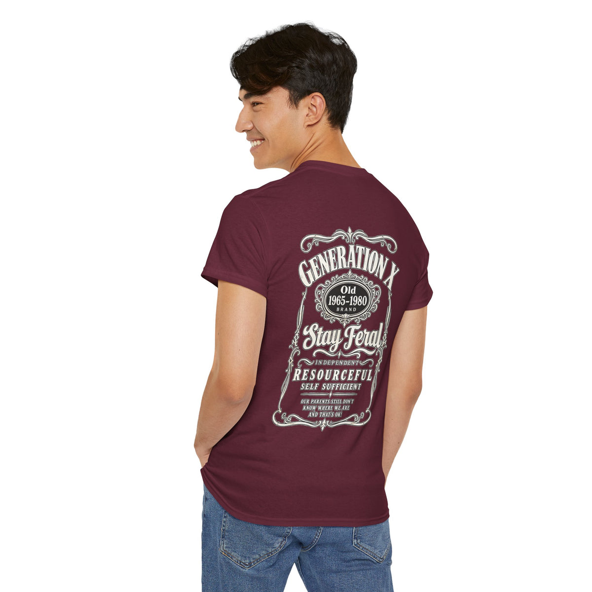 Generation X T‑Shirt — 'Stay Feral' Vintage Whiskey Label Tee (Born 1965–1980)