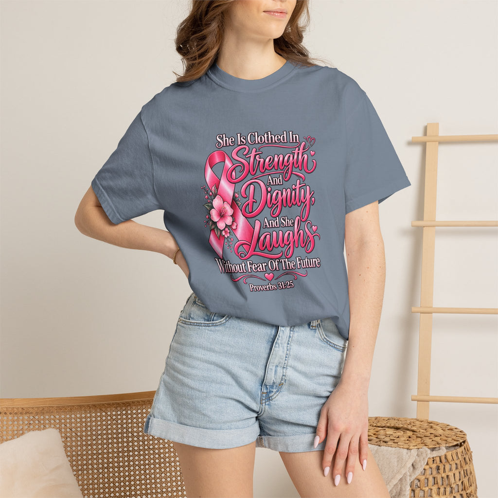 Breast Cancer Awareness T-Shirt — "She is Clothed in Strength" Pink Ribbon Tee