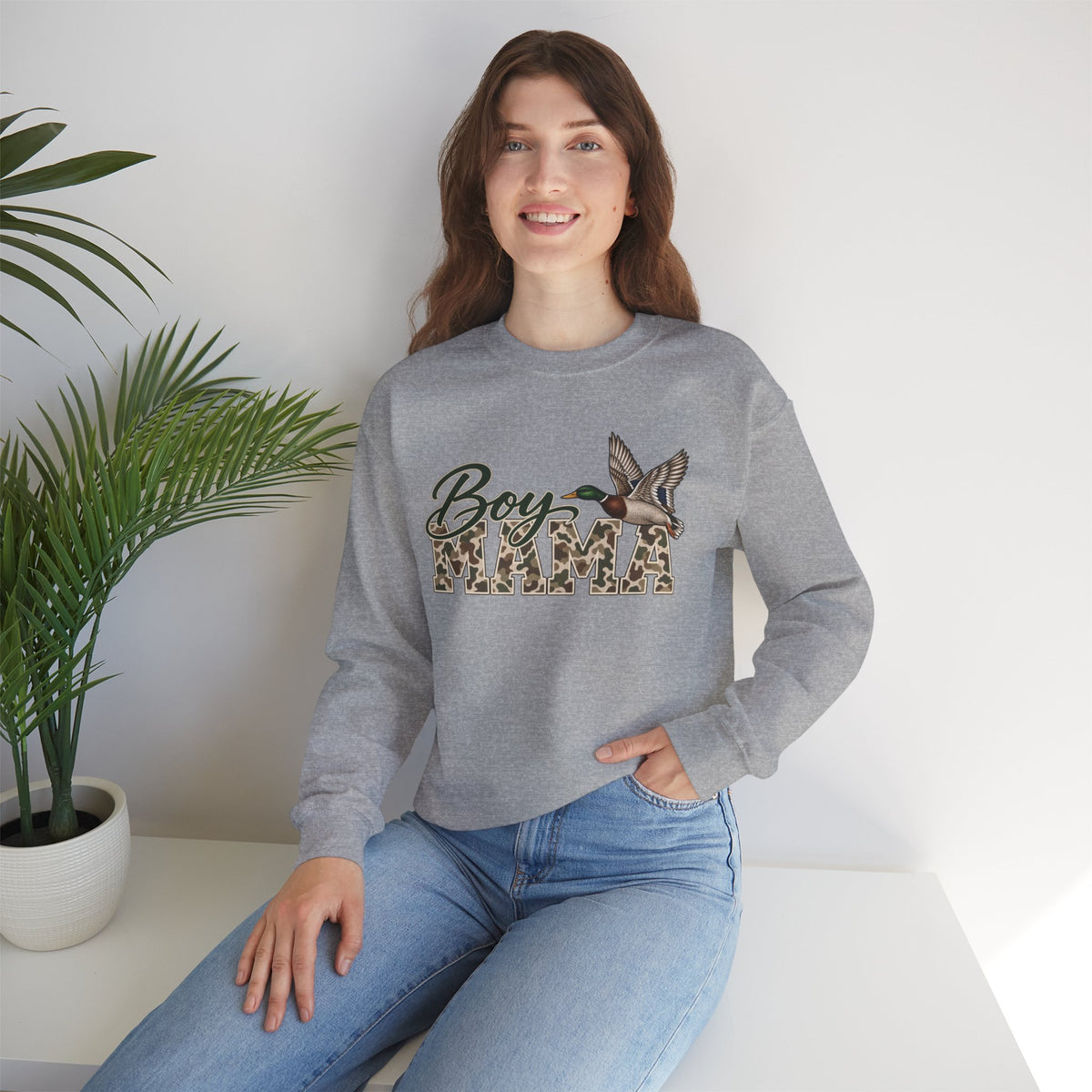 Boy Mama Crewneck Sweatshirt — Camo Lettering with Flying Duck