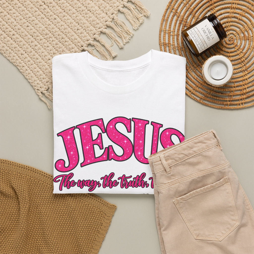 Christian T-Shirt — "JESUS The way, the truth, the life" (John 14:6) Pink Vintage Script
