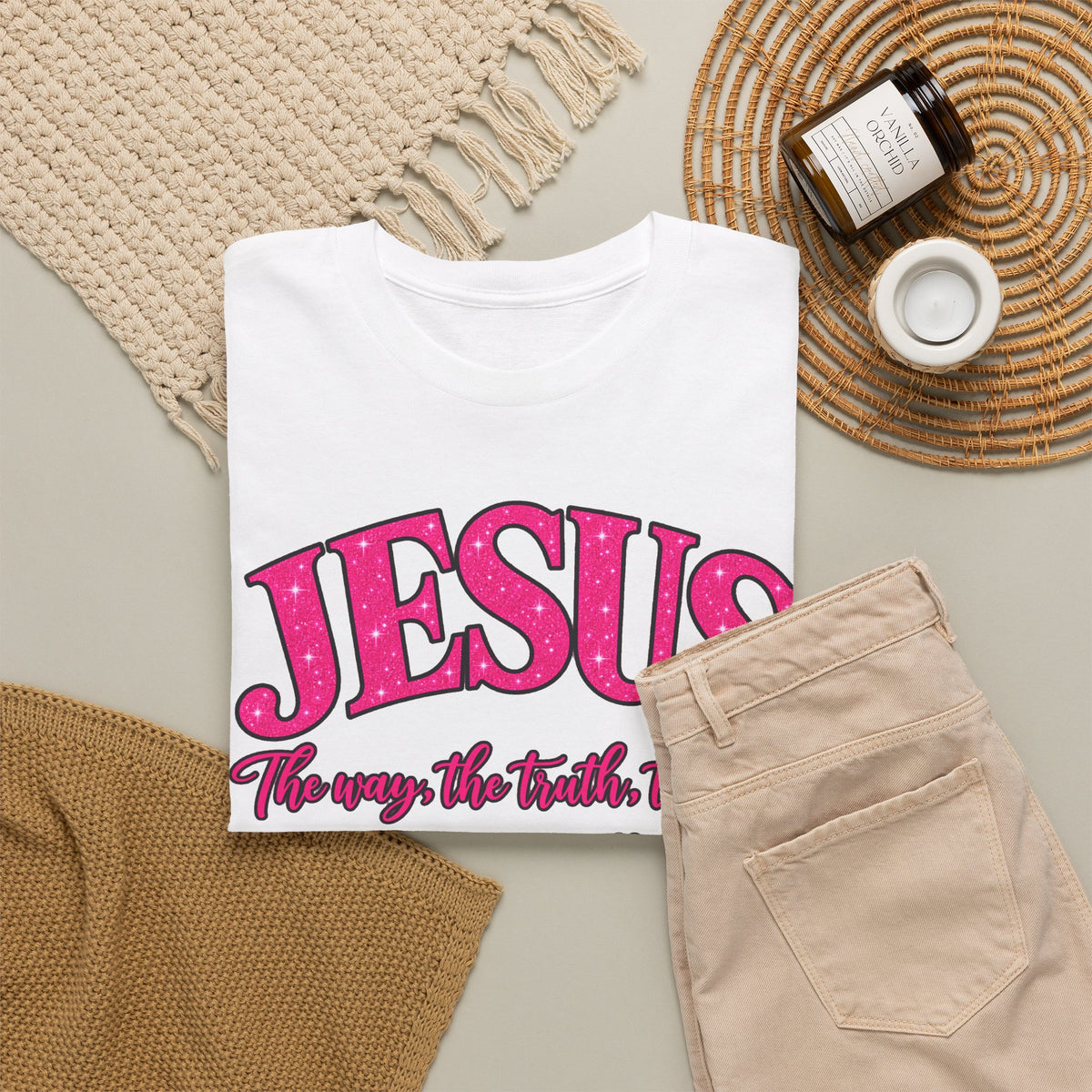 Christian T-Shirt — "JESUS The way, the truth, the life" (John 14:6) Pink Vintage Script