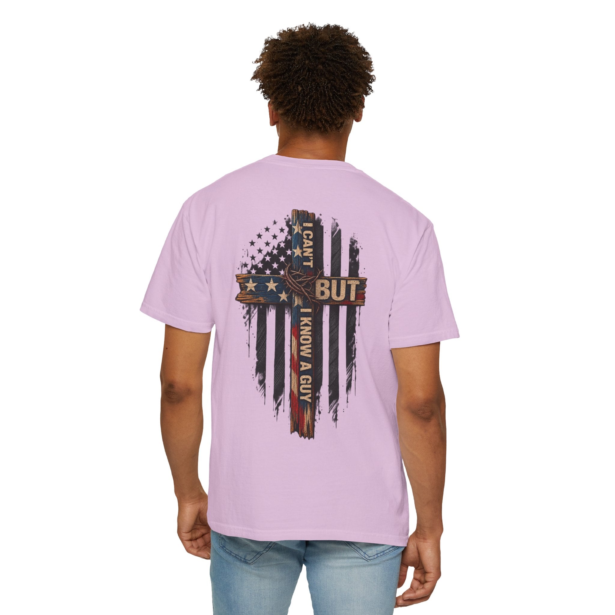 T-Shirt — 'I Can't But I Know A Guy' American Flag Cross Graphic