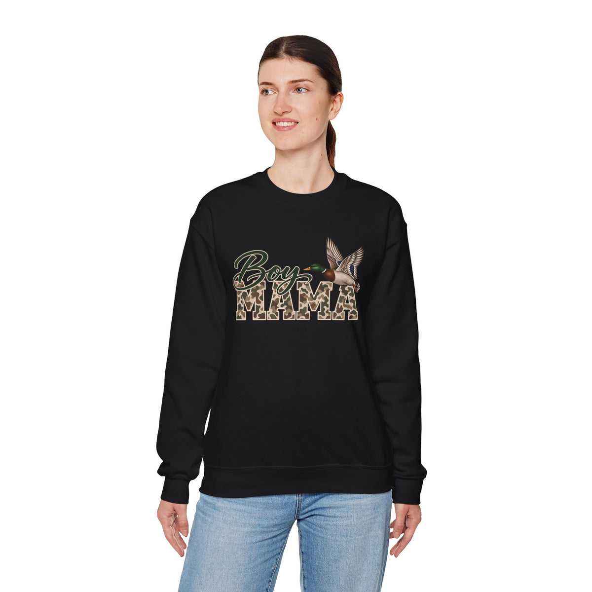 Boy Mama Crewneck Sweatshirt — Camo Lettering with Flying Duck