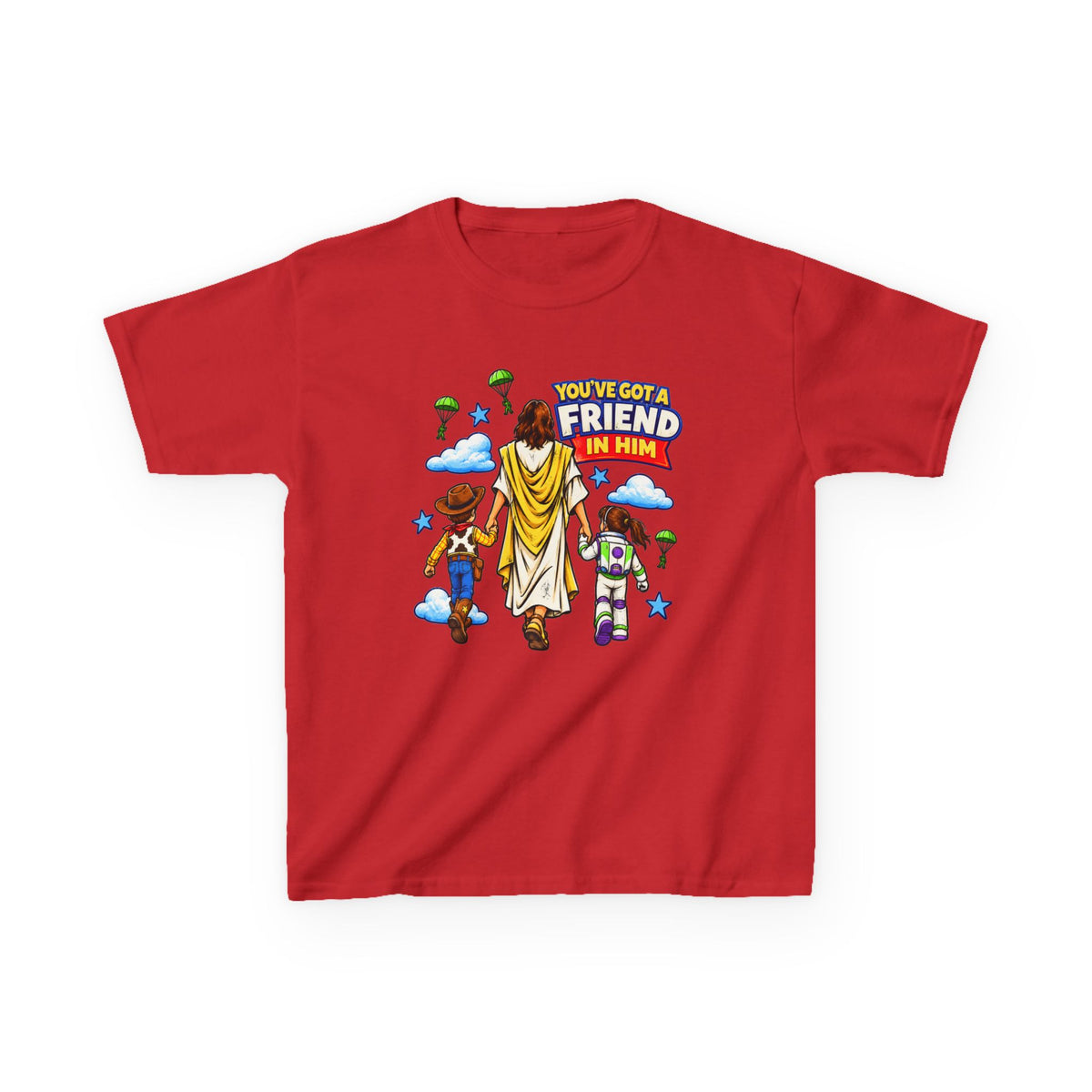 Kids Tee — "You've Gotta Friend in Him" Inspirational Jesus & Toy Friends Graphic