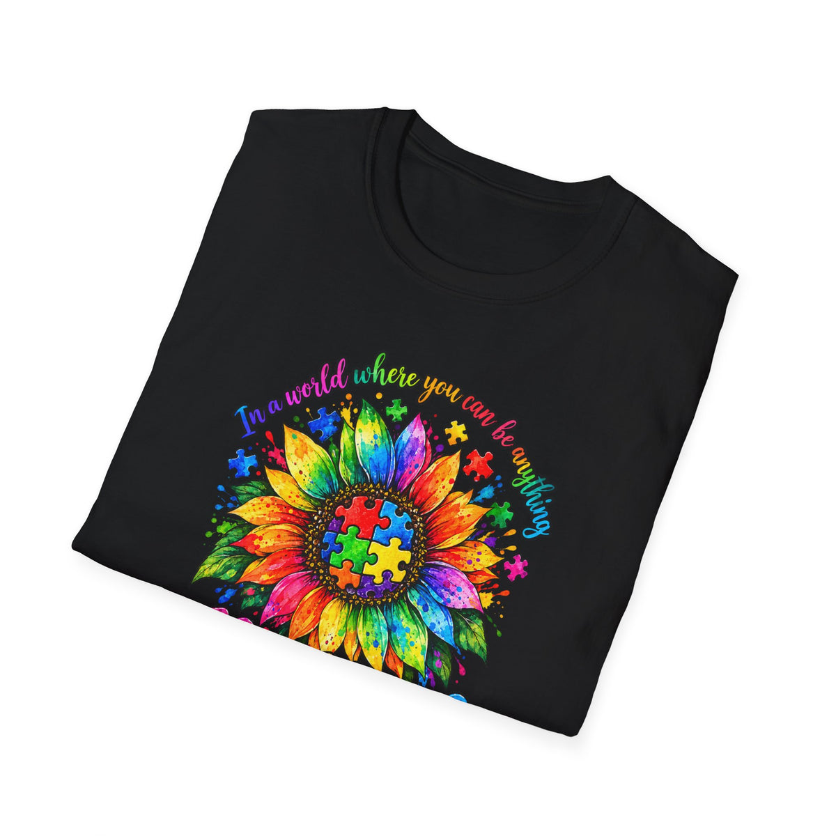 Autism Awareness Sunflower T-Shirt — 'Be Kind' Rainbow Puzzle Design