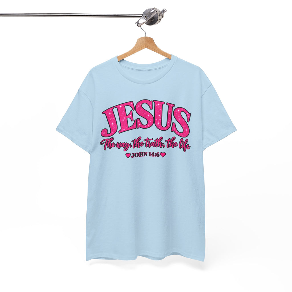 Christian T-Shirt — "JESUS The way, the truth, the life" (John 14:6) Pink Vintage Script