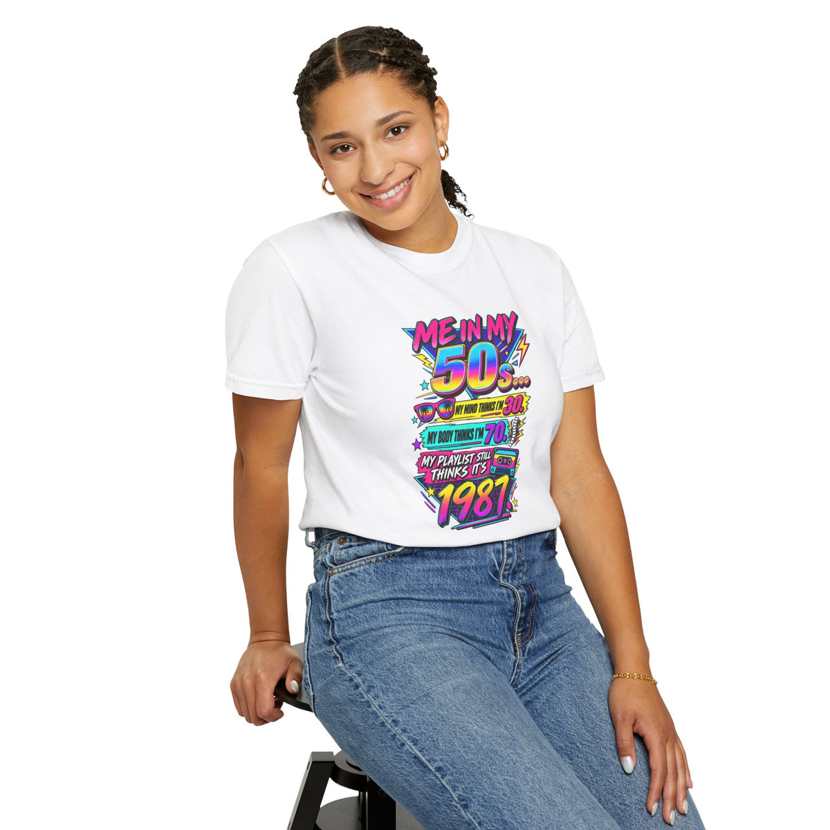 50th Birthday T-Shirt — "Me in My 50s... My Playlist Still Thinks It’s 1987" Retro Graphic Tee