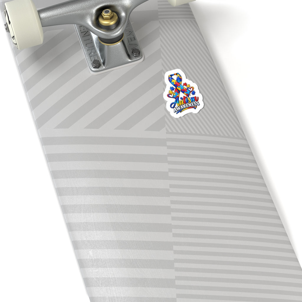 Autism Awareness Ribbon Kiss-Cut Sticker — Colorful Puzzle Heart Support Decal