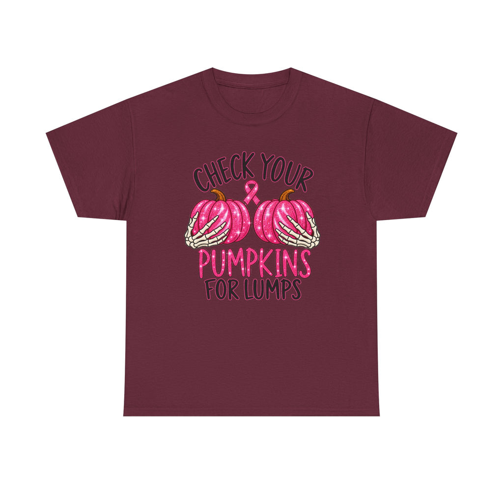 Breast Cancer Awareness T-Shirt — "Check Your Pumpkins for Lumps" Pink Ribbon Tee