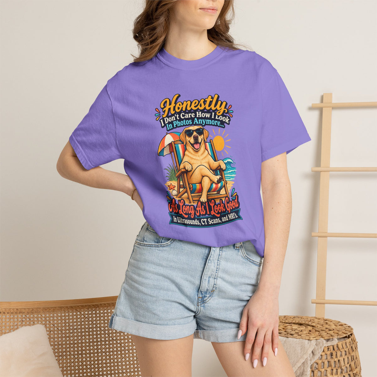 Honestly I Don’t Care How I Look In Photos Anymore T-Shirt — Funny Beach Dog Graphic Tee