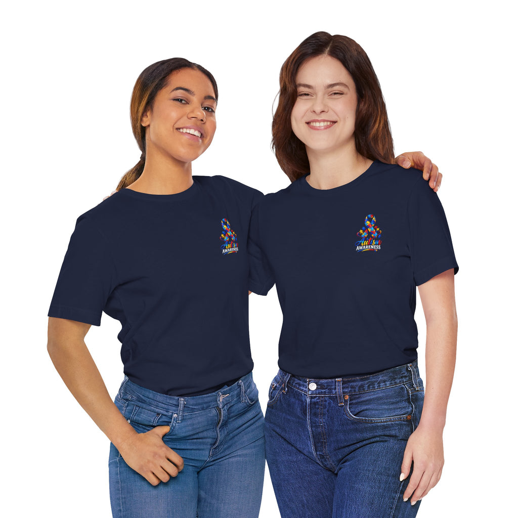 Autism Awareness Ribbon Chest Tee — 'Different, Not Less' Short Sleeve T-Shirt