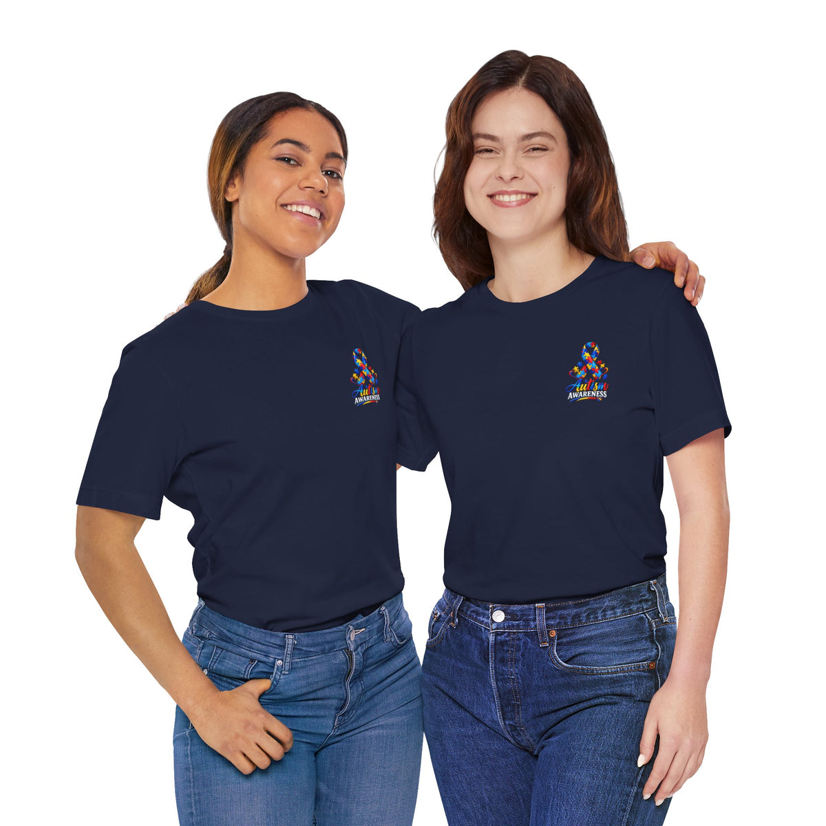 Autism Awareness Ribbon Chest Tee — 'Different, Not Less' Short Sleeve T-Shirt