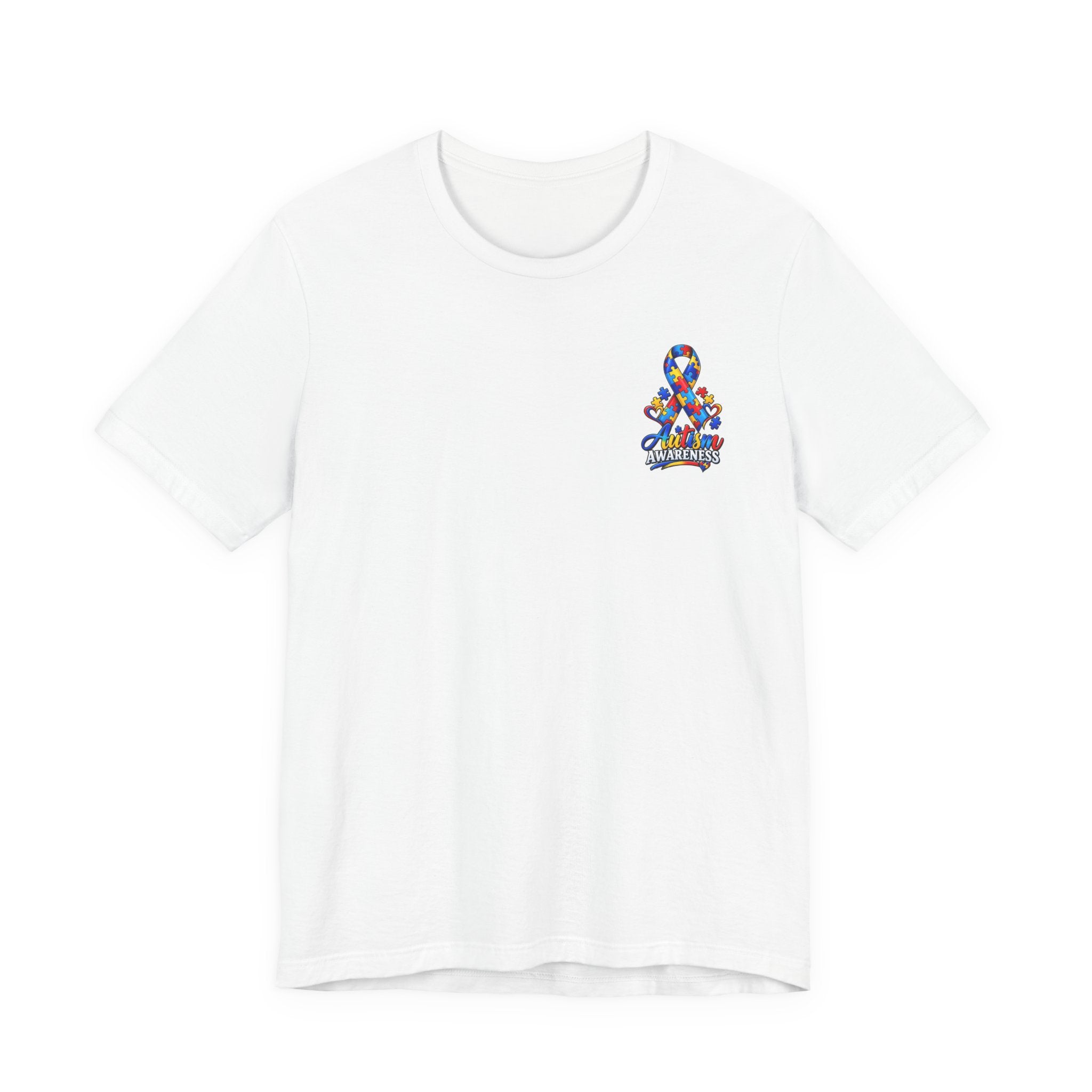 Autism Awareness Ribbon Chest Tee — 'Different, Not Less' Short Sleeve T-Shirt