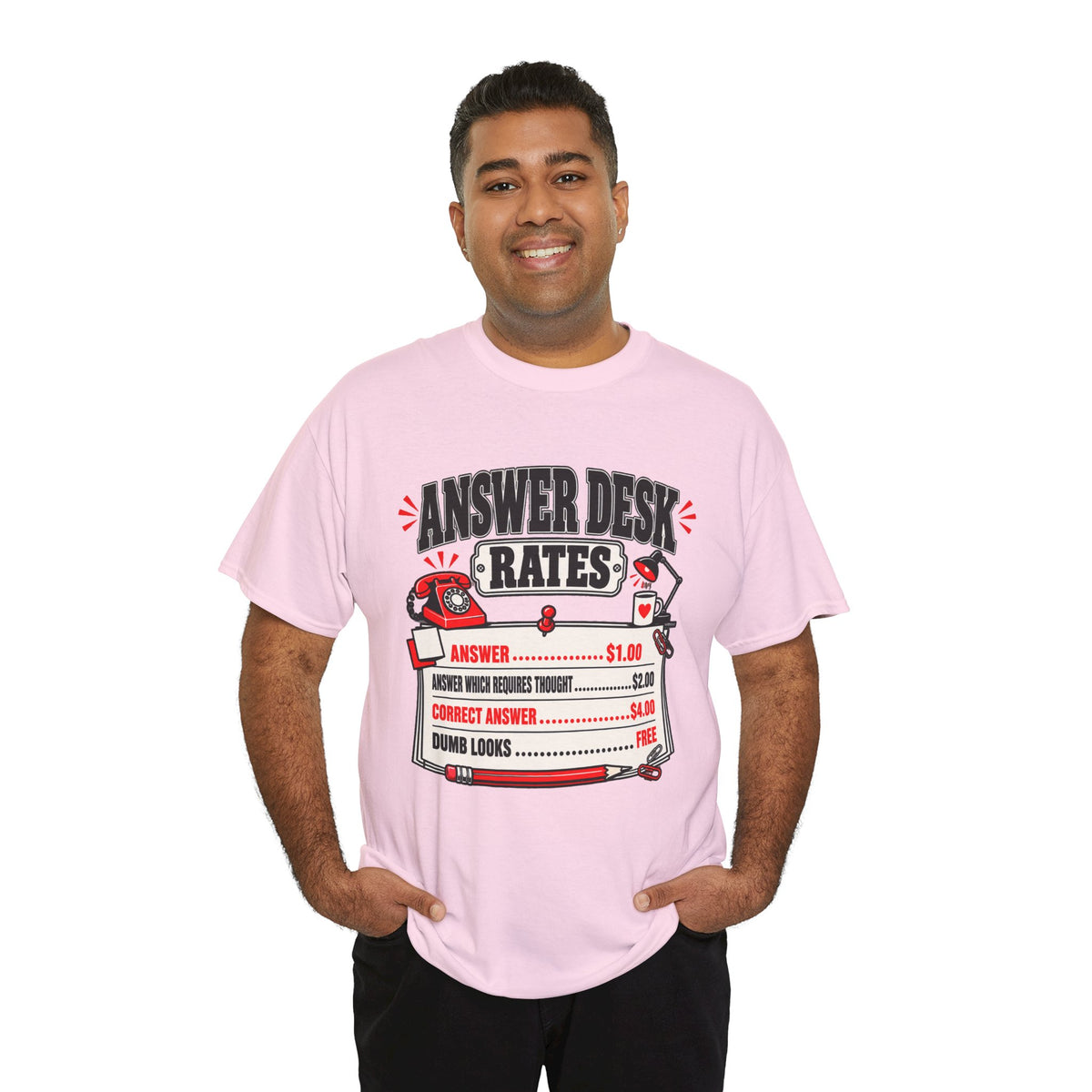 Answer Desk Rates T-Shirt — Funny Help Desk IT Support Tee ("Answer 1.00, Correct Answer 4.00")