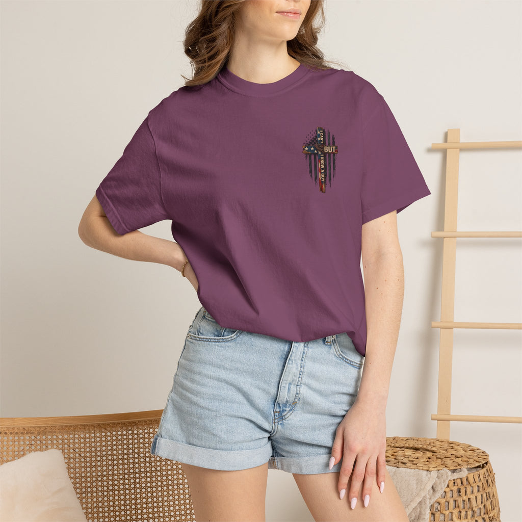 T-Shirt — 'I Can't But I Know A Guy' American Flag Cross Graphic
