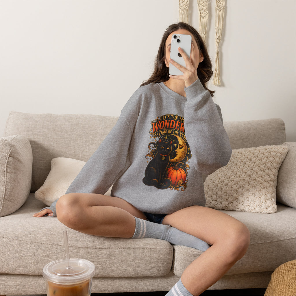 Vintage Halloween Sweatshirt - "It's the Most Wonderful Time of the Year" Black Cat & Moon Design
