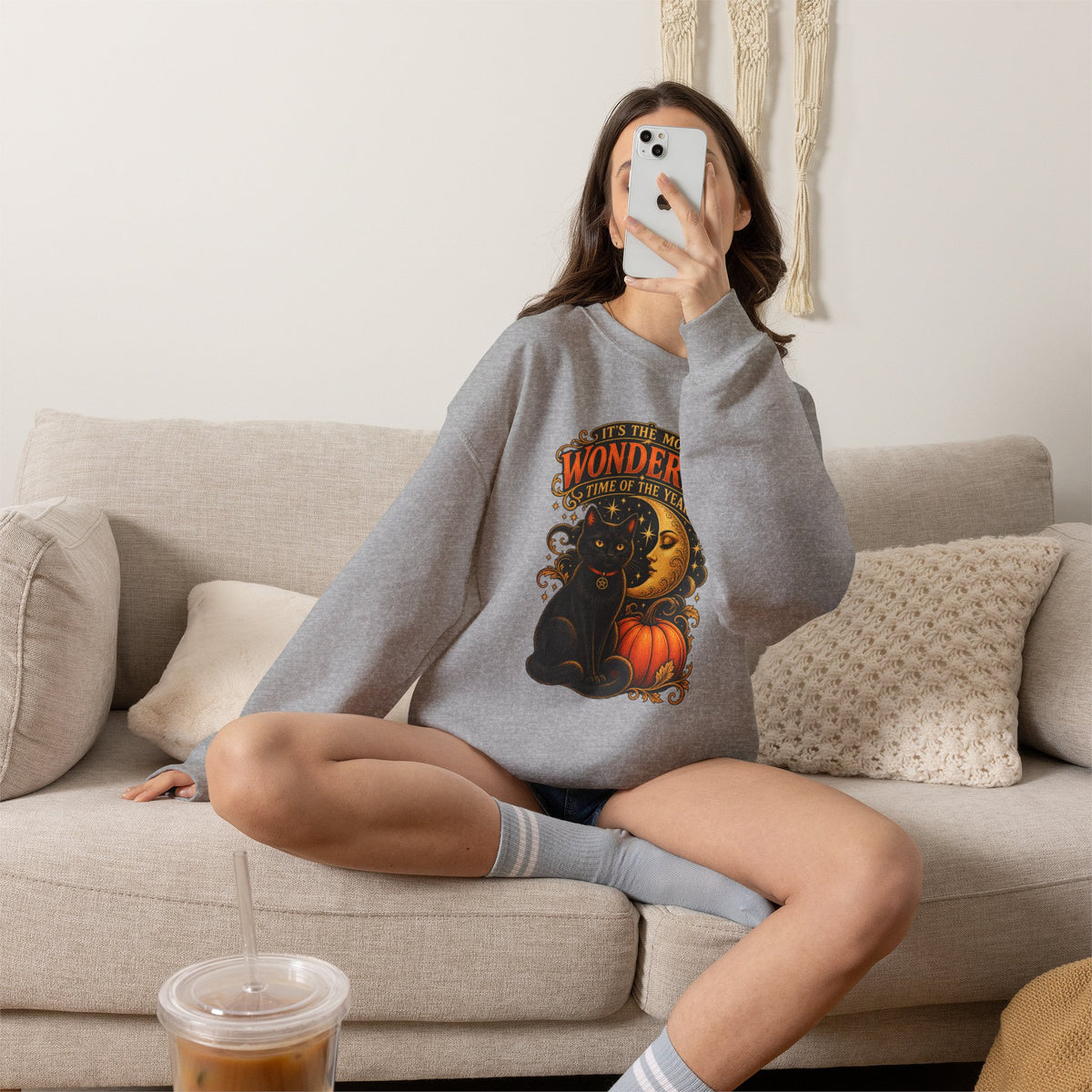Vintage Halloween Sweatshirt - "It's the Most Wonderful Time of the Year" Black Cat & Moon Design