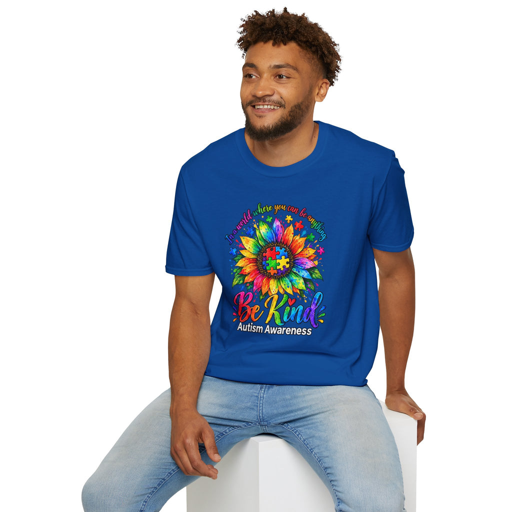 Autism Awareness Sunflower T-Shirt — 'Be Kind' Rainbow Puzzle Design