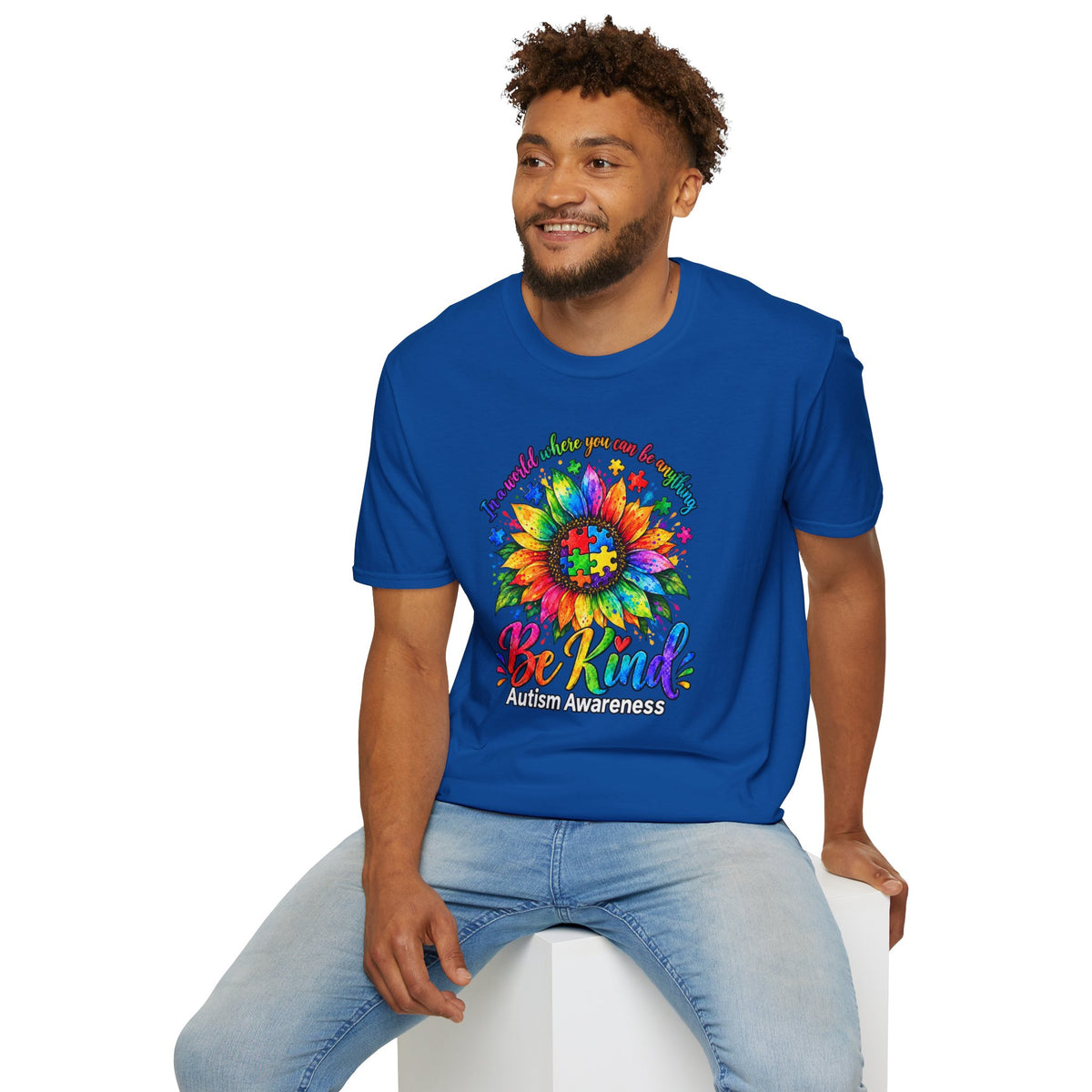 Autism Awareness Sunflower T-Shirt — 'Be Kind' Rainbow Puzzle Design