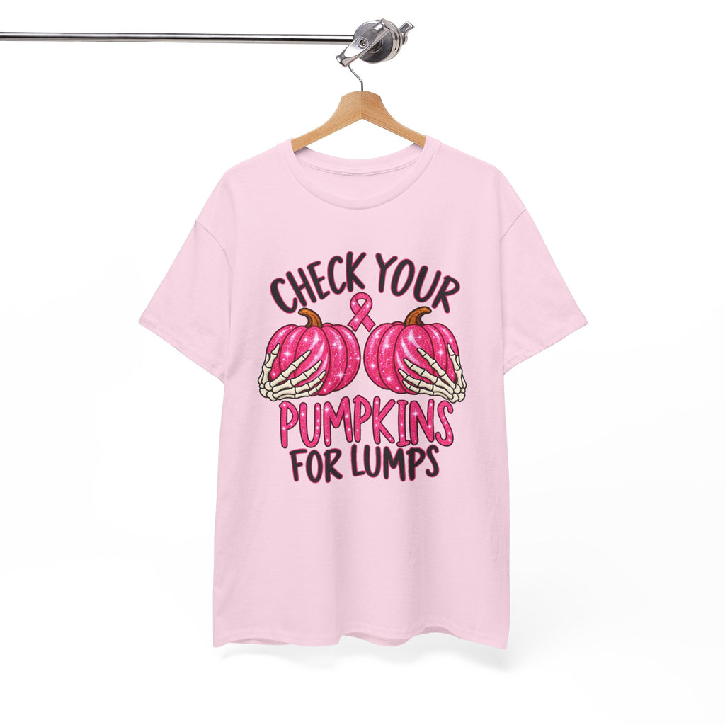 Breast Cancer Awareness T-Shirt — "Check Your Pumpkins for Lumps" Pink Ribbon Tee