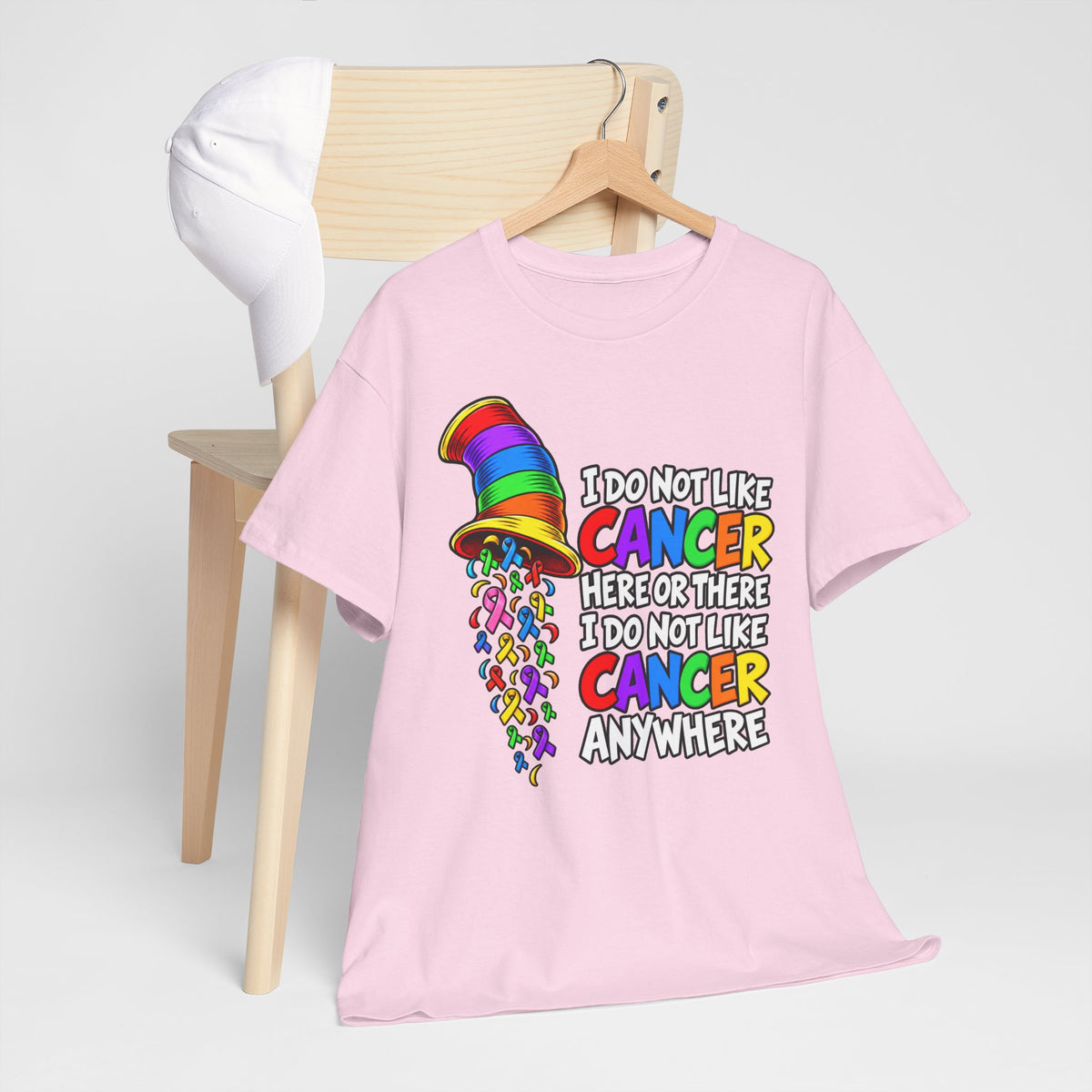 Cancer Awareness T-Shirt — “I Do Not Like Cancer Here or There” Rainbow Ribbon Tee