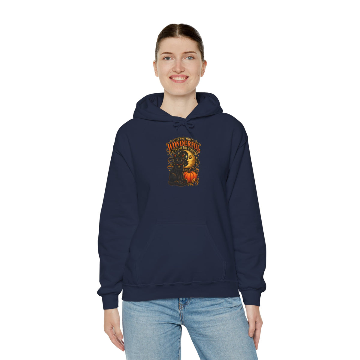 Halloween Black Cat Moon Hoodie – Vintage Pumpkin & Crescent Moon Fall Sweatshirt