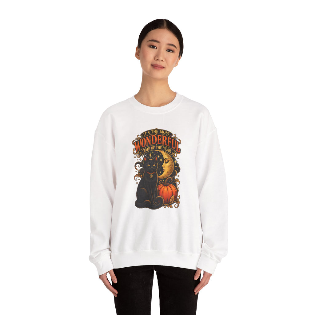 Vintage Halloween Sweatshirt - "It's the Most Wonderful Time of the Year" Black Cat & Moon Design