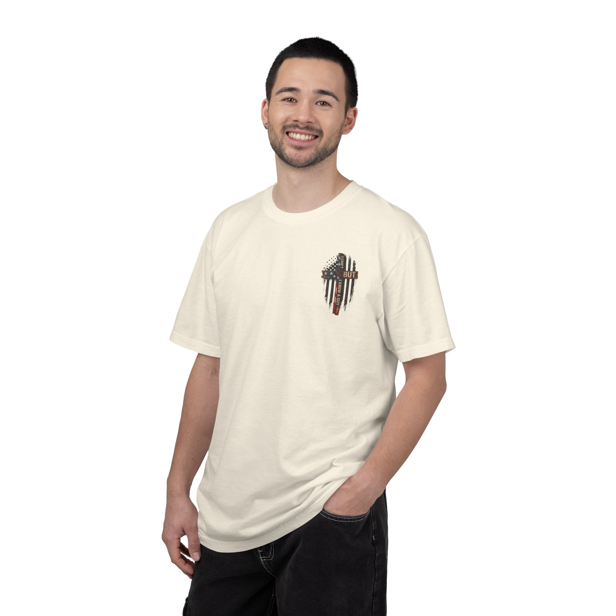 T-Shirt — 'I Can't But I Know A Guy' American Flag Cross Graphic
