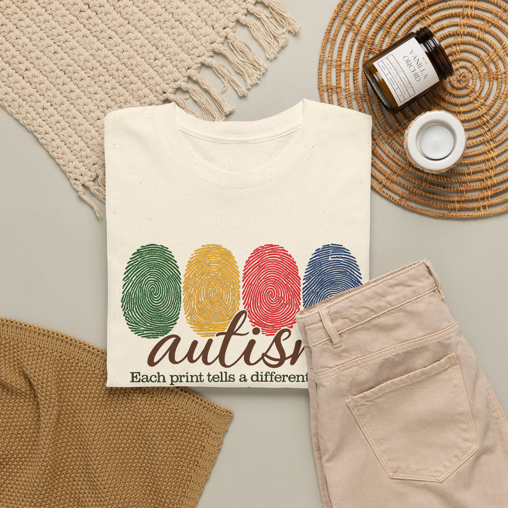 Autism Awareness T-Shirt — "Each Print Tells a Different Story" Colorful Fingerprint Tee