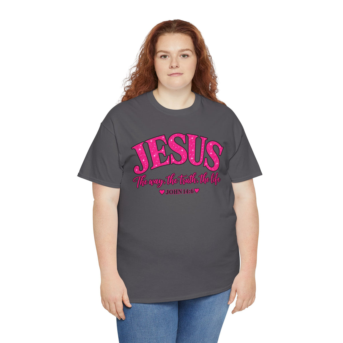 Christian T-Shirt — "JESUS The way, the truth, the life" (John 14:6) Pink Vintage Script
