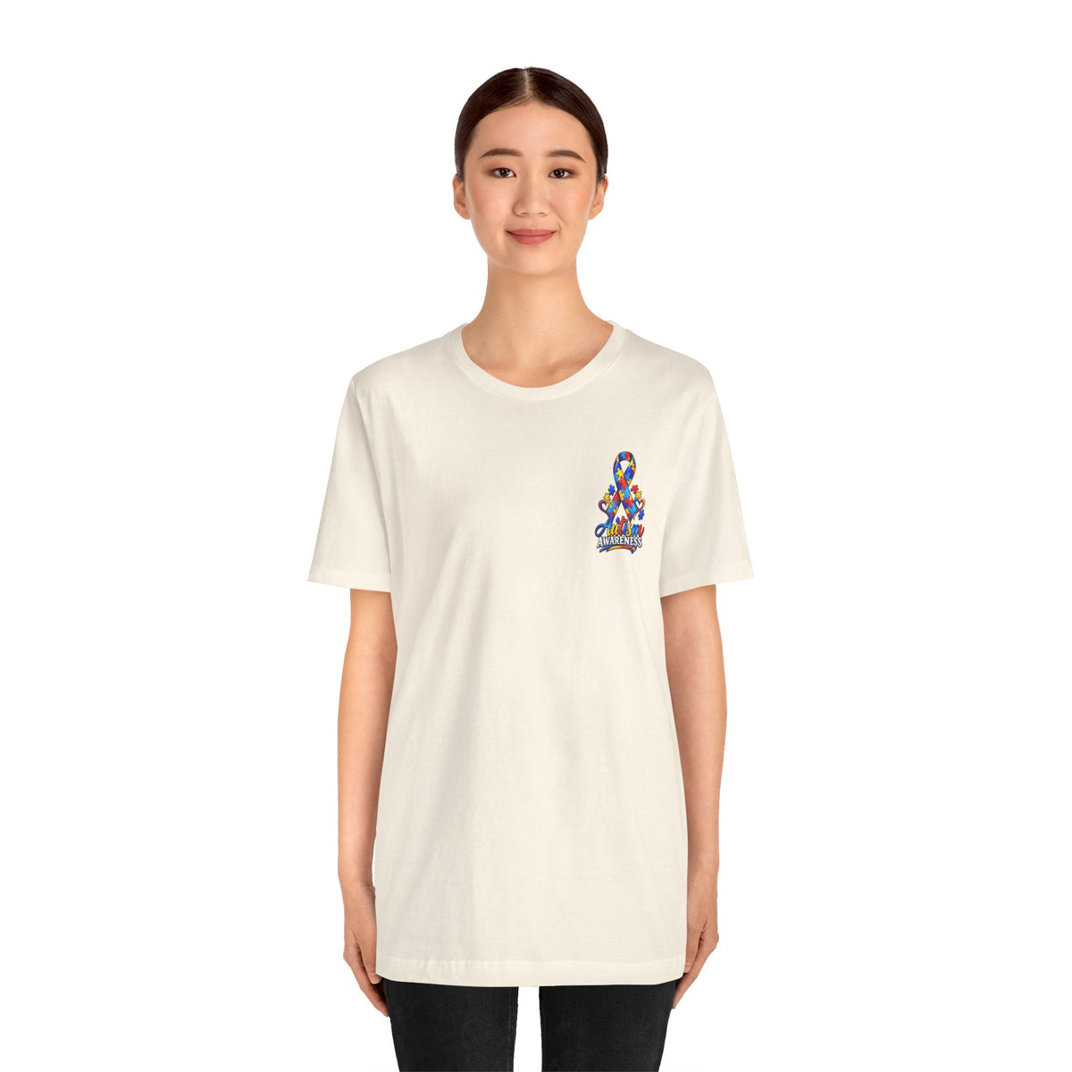 Autism Awareness Ribbon Chest Tee — 'Different, Not Less' Short Sleeve T-Shirt