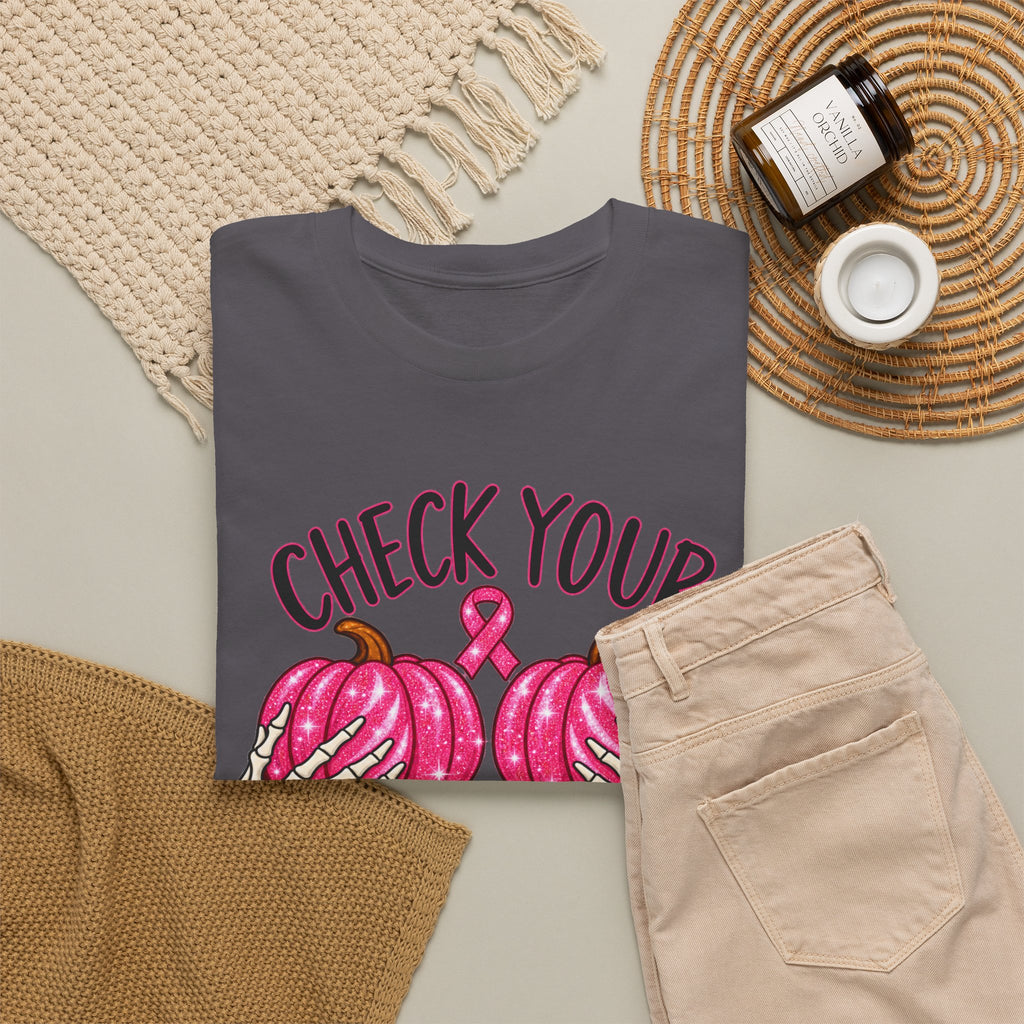 Breast Cancer Awareness T-Shirt — "Check Your Pumpkins for Lumps" Pink Ribbon Tee