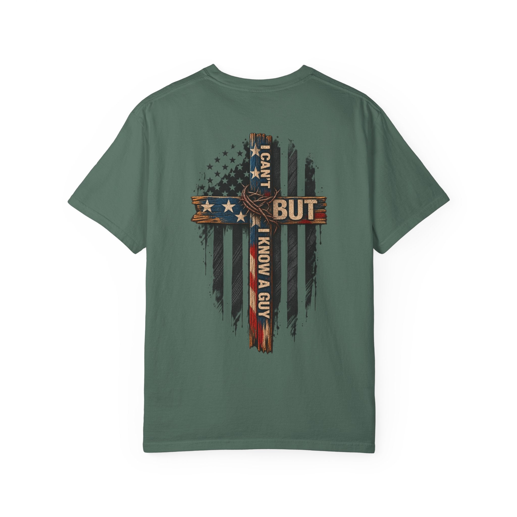 T-Shirt — 'I Can't But I Know A Guy' American Flag Cross Graphic