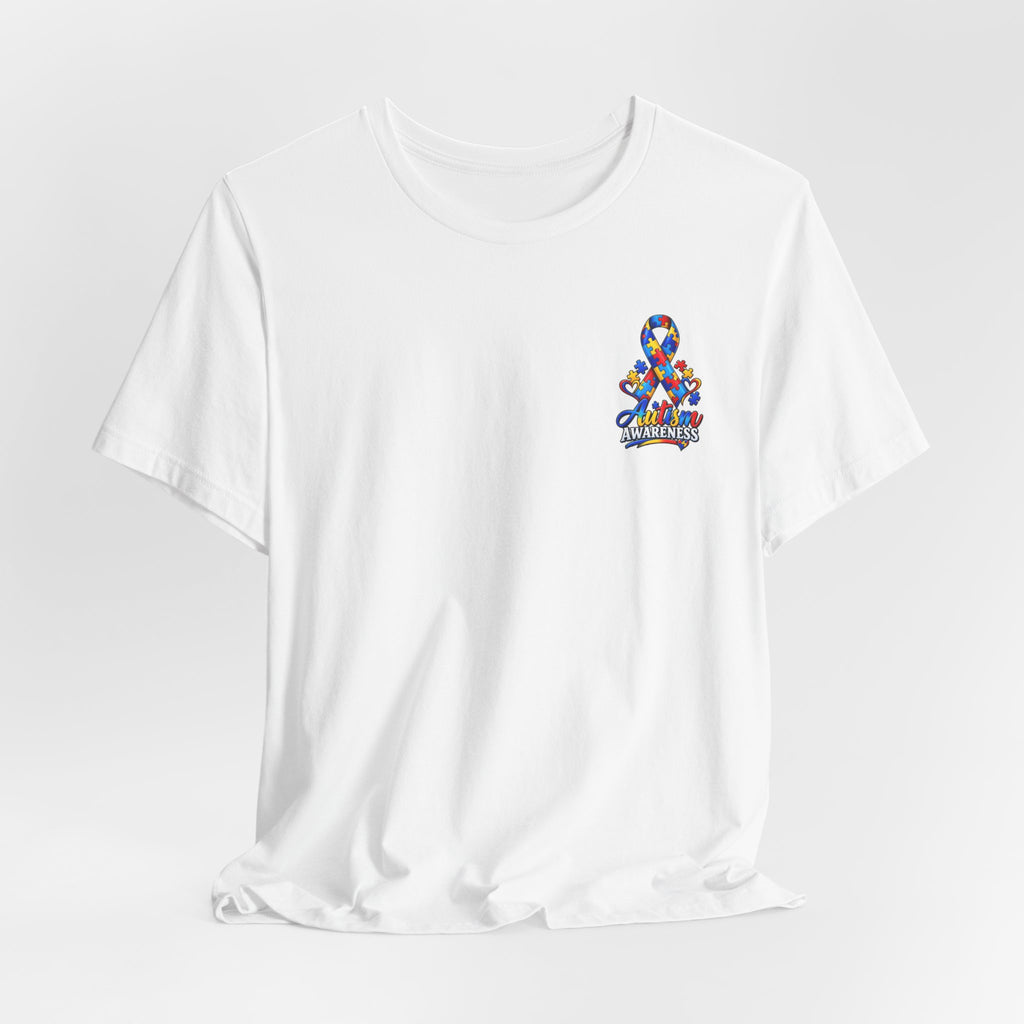 Autism Awareness Ribbon Chest Tee — 'Different, Not Less' Short Sleeve T-Shirt