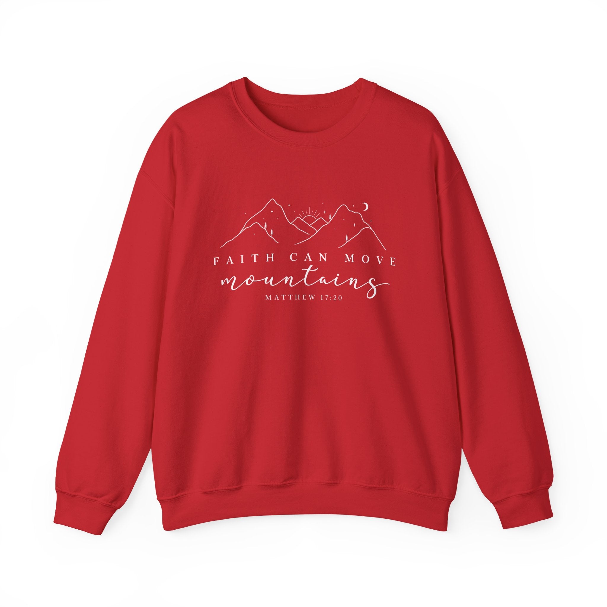 Faith Can Move Mountains Crewneck Sweatshirt — Matthew 17:20 Christian Mountain Design