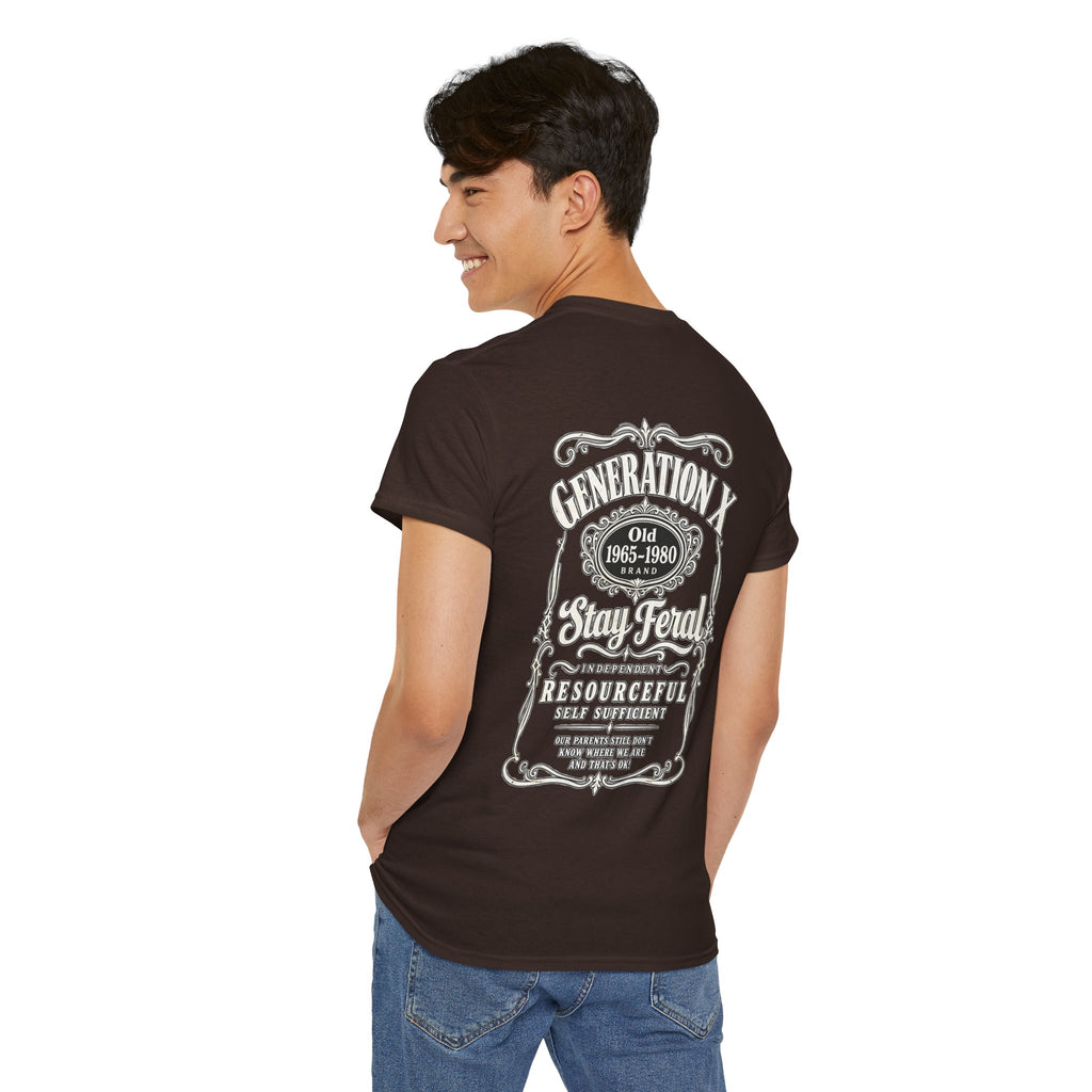 Generation X T‑Shirt — 'Stay Feral' Vintage Whiskey Label Tee (Born 1965–1980)
