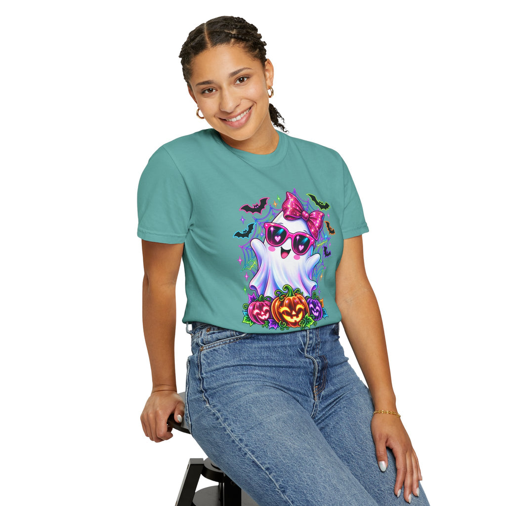 Cute Halloween Ghost T-Shirt — Pink Bow Ghost with Sunglasses & Pumpkins