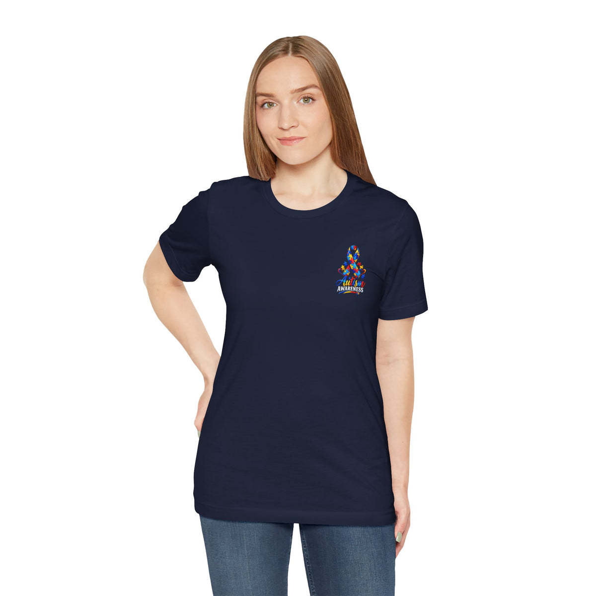 Autism Awareness Ribbon Chest Tee — 'Different, Not Less' Short Sleeve T-Shirt