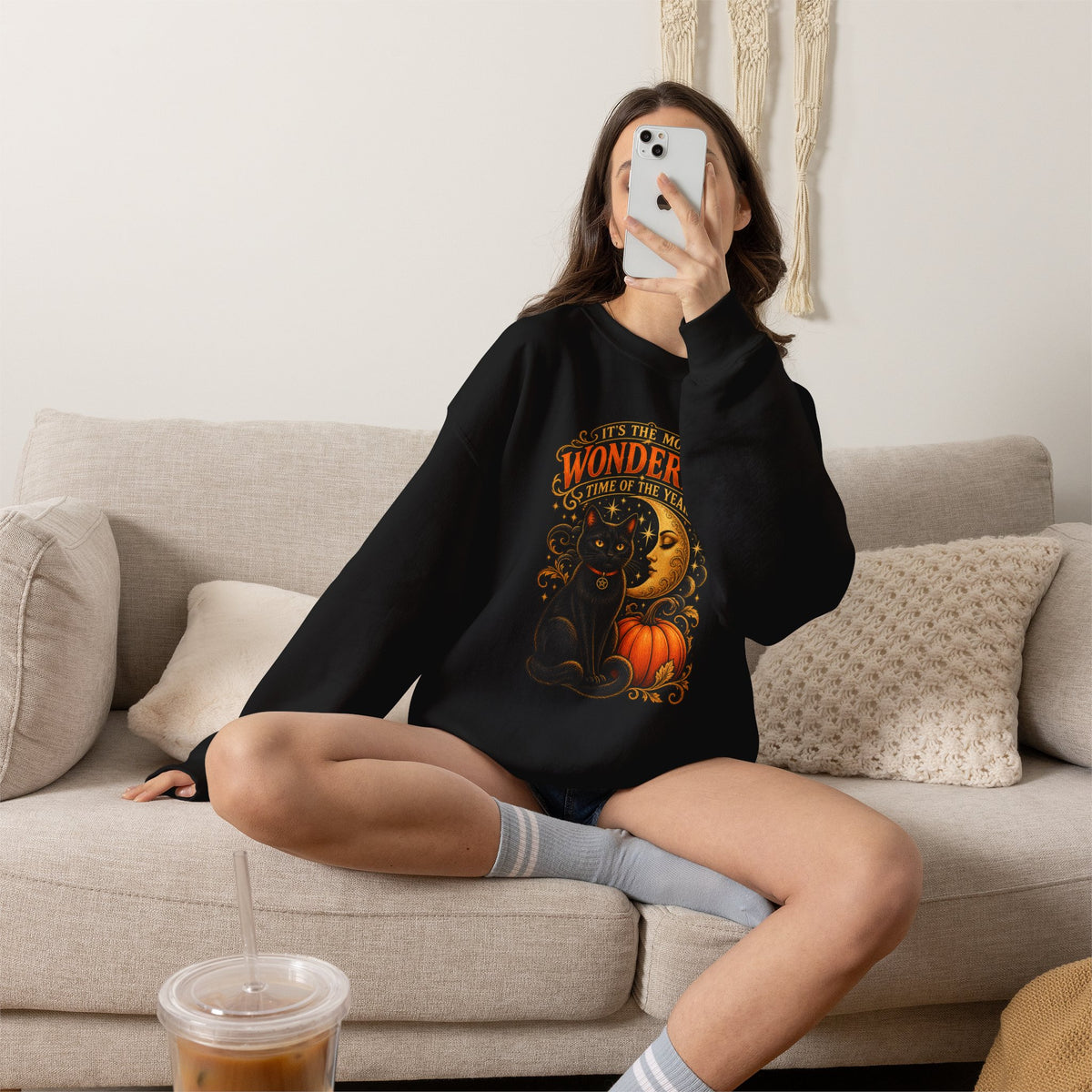 Vintage Halloween Sweatshirt - "It's the Most Wonderful Time of the Year" Black Cat & Moon Design