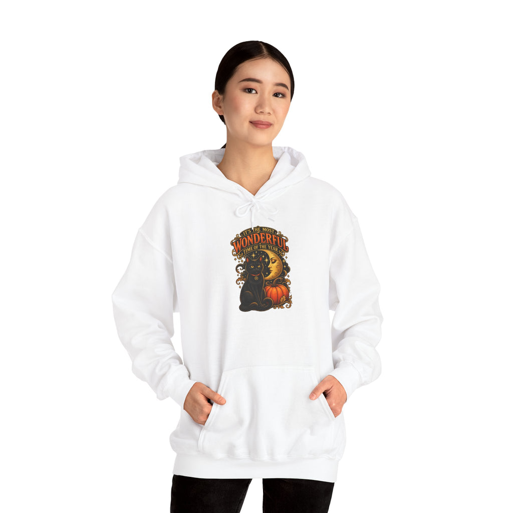 Halloween Black Cat Moon Hoodie – Vintage Pumpkin & Crescent Moon Fall Sweatshirt