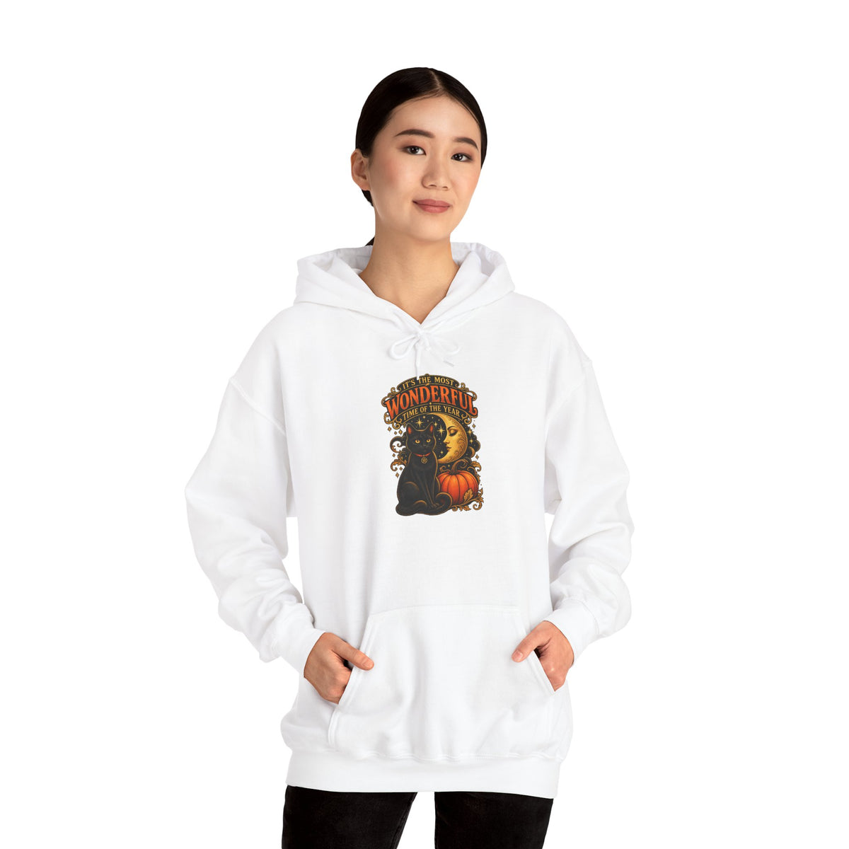 Halloween Black Cat Moon Hoodie – Vintage Pumpkin & Crescent Moon Fall Sweatshirt