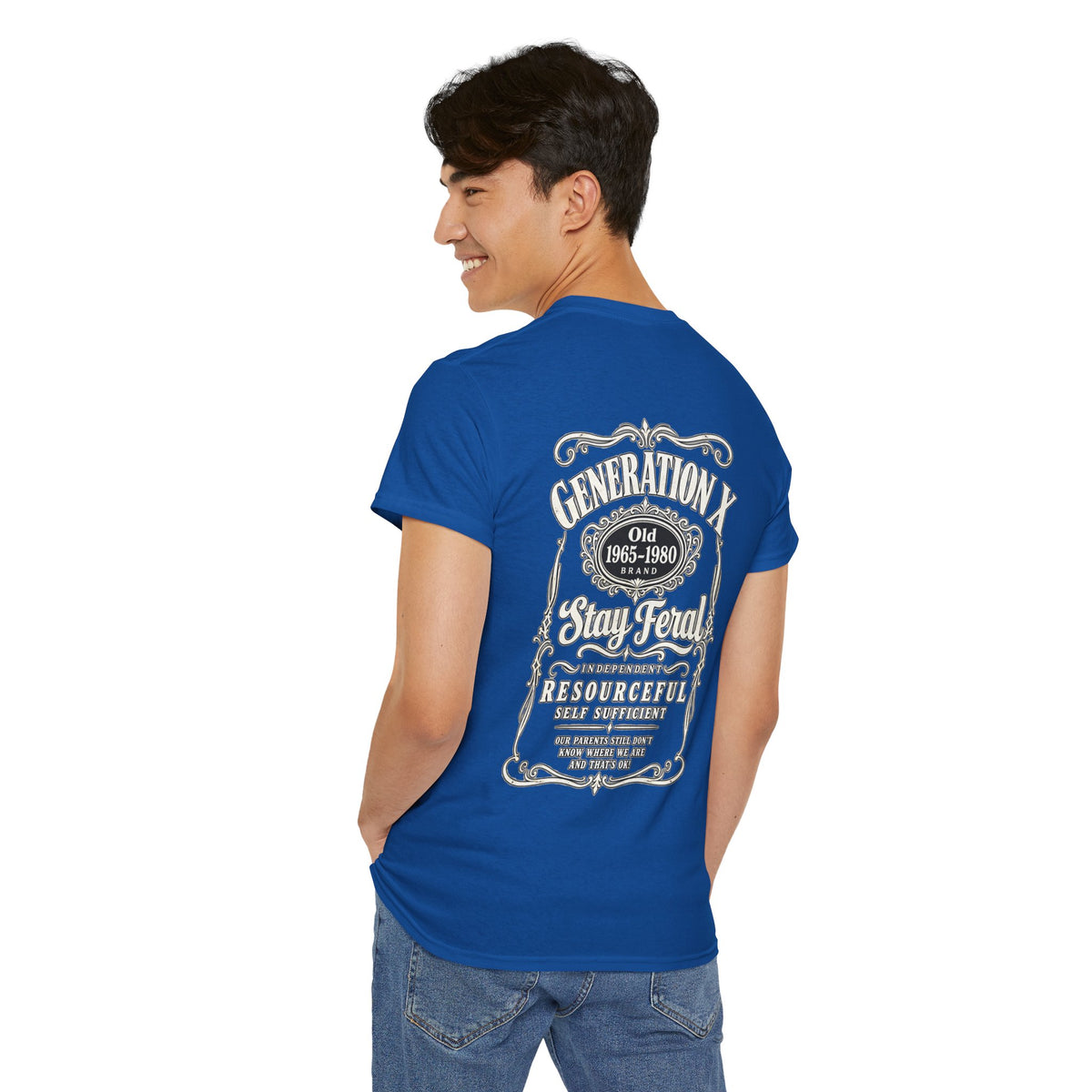 Generation X T‑Shirt — 'Stay Feral' Vintage Whiskey Label Tee (Born 1965–1980)