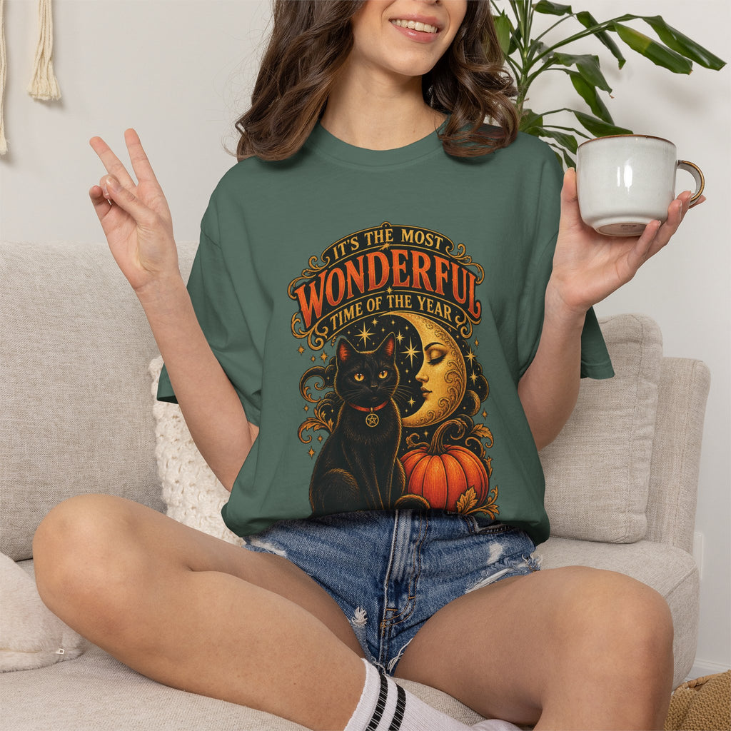 T-Shirt — "It's the Most Wonderful Time of the Year" Halloween Black Cat & Pumpkin