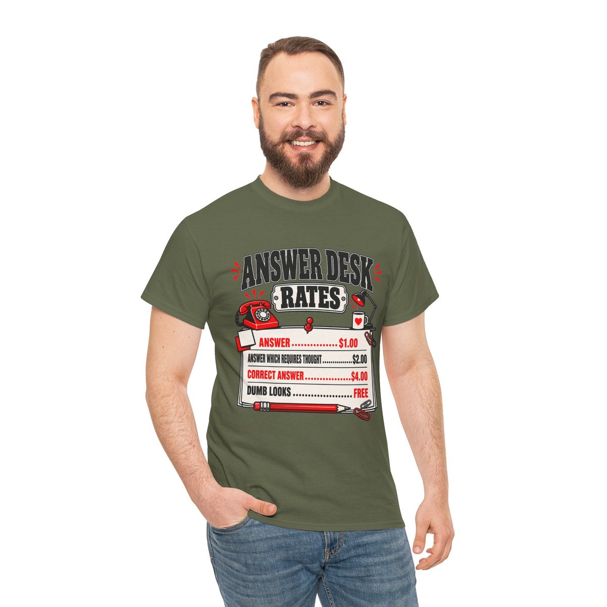 Answer Desk Rates T-Shirt — Funny Help Desk IT Support Tee ("Answer 1.00, Correct Answer 4.00")