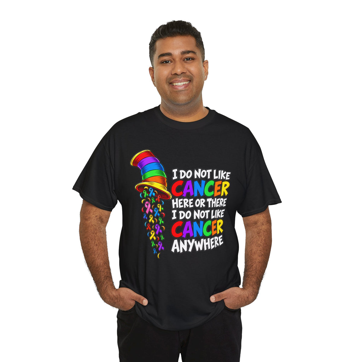 Cancer Awareness T-Shirt — “I Do Not Like Cancer Here or There” Rainbow Ribbon Tee