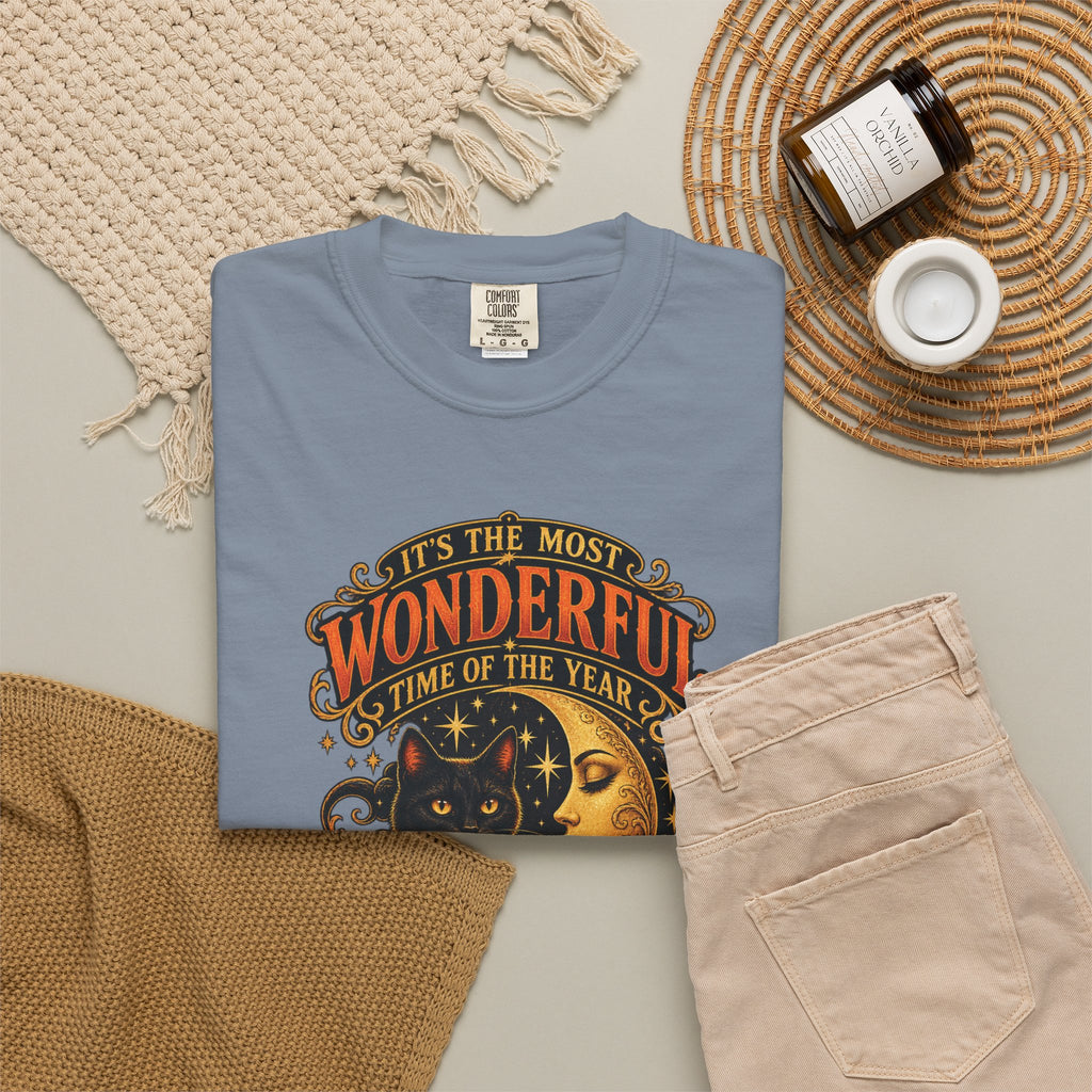 T-Shirt — "It's the Most Wonderful Time of the Year" Halloween Black Cat & Pumpkin