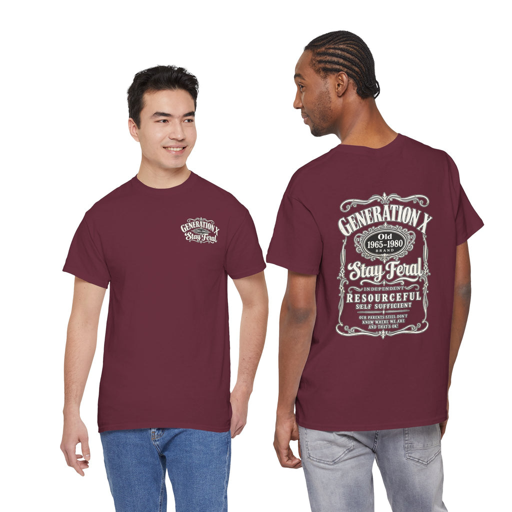 Generation X T‑Shirt — 'Stay Feral' Vintage Whiskey Label Tee (Born 1965–1980)
