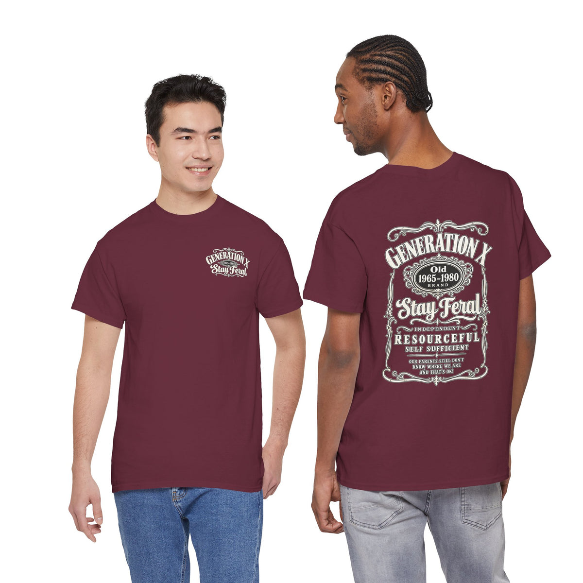 Generation X T‑Shirt — 'Stay Feral' Vintage Whiskey Label Tee (Born 1965–1980)